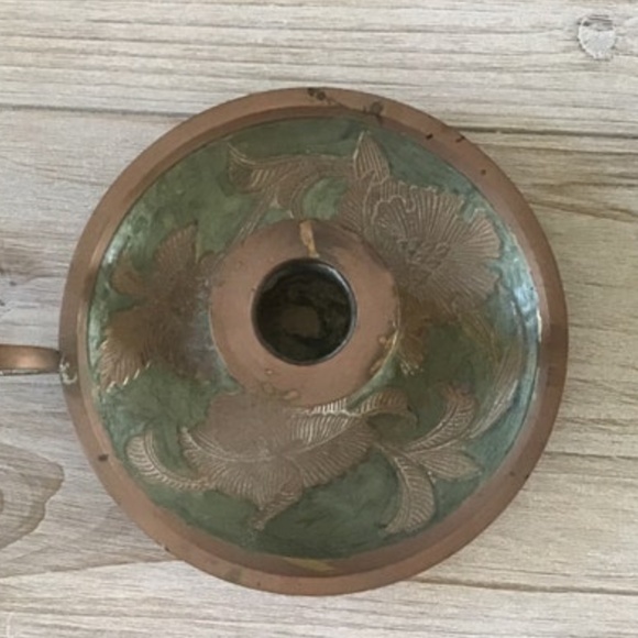 Vintage India Brass Candle Stick Green Bronze Candle Holder Candlestick Handle - Picture 3 of 6